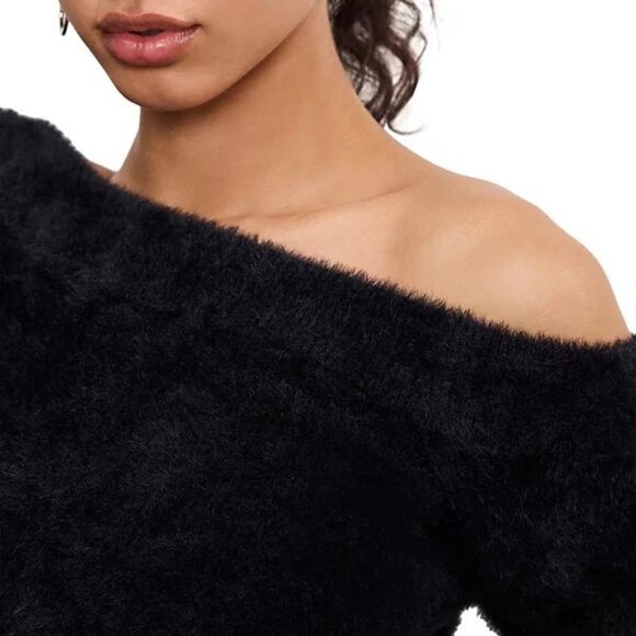 Good American Fuzzy Off-the-Shoulder Black Cropped Sweater Top NWT XS - Picture 4 of 5